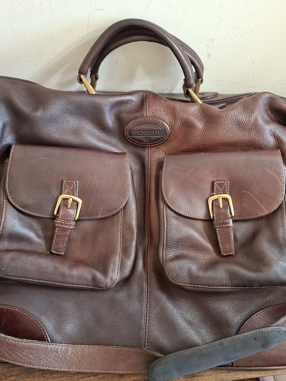 Vintage Fossil Brown Leather Weekender Duffel Bag Double Pocket Travel Satchel